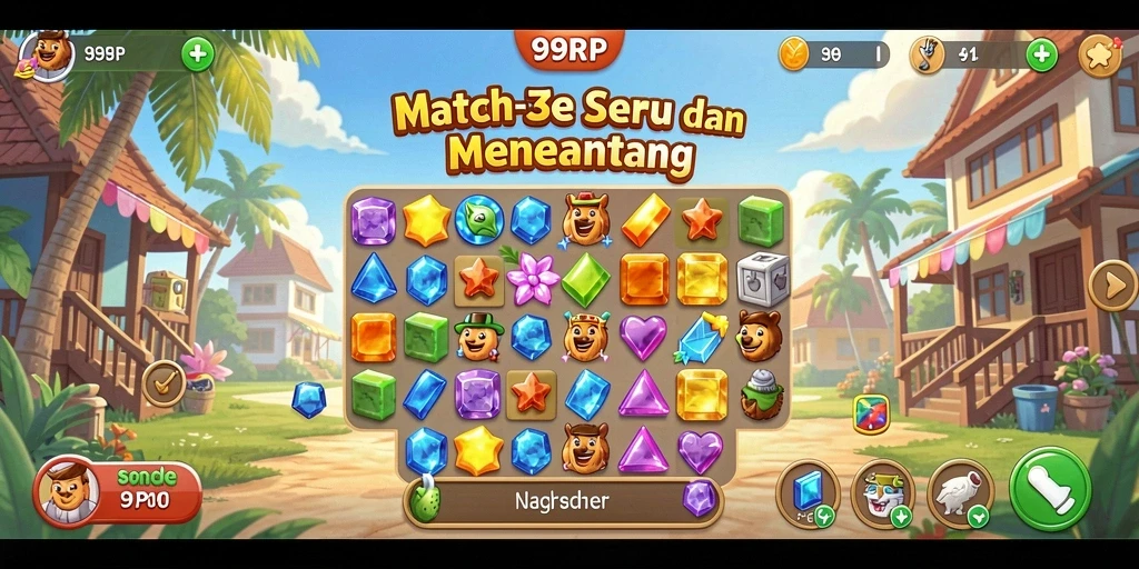 Screenshot gameplay seru dari 99RP yang menunjukkan kombinasi simbol Match-3.