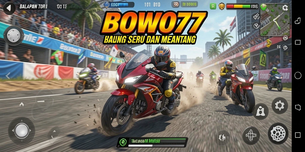 Screenshot gameplay menampilkan aksi balapan motor yang mendebarkan.