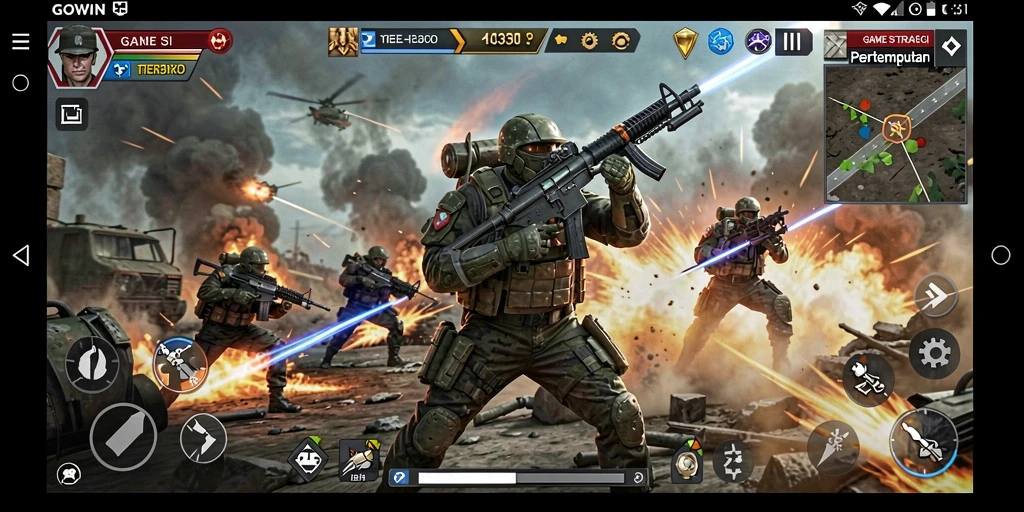 Tampilan utama gameplay GOWIN dengan aksi pertempuran SLG.