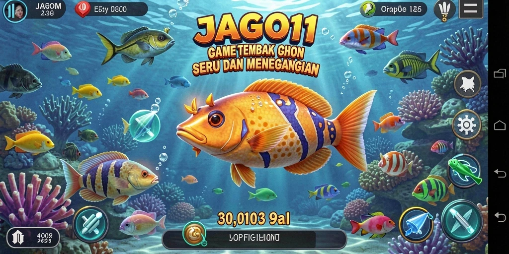 Screenshot main JAGO11 menampilkan aksi seru menembak ikan.