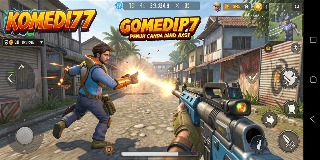 Tangkapan layar menunjukkan karakter lucu dalam aksi seru di <strong>KOMEDI77</strong>.