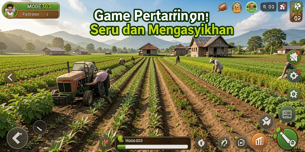 Tampilan gameplay seru dalam MODE303 saat bertani di ladang.