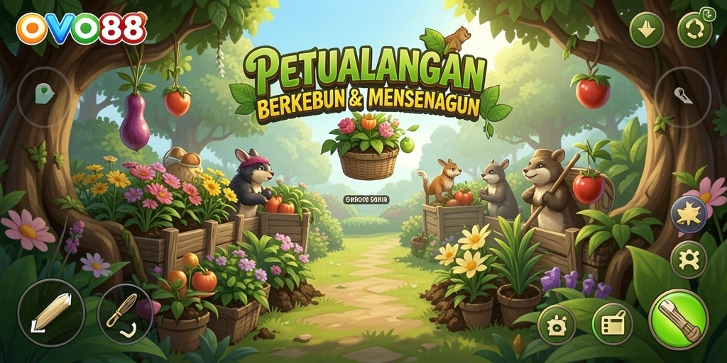 Screenshot gameplay OVO88 menampilkan kebun yang indah dan beragam tanaman.