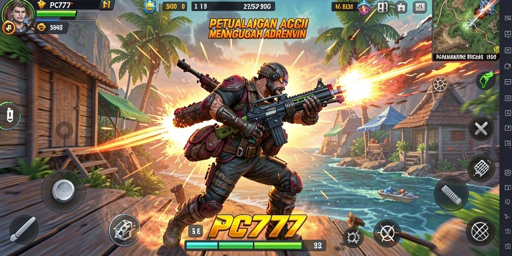 Tangkapan layar utama PC777 menampilkan aksi intens dalam pertarungan melawan bos.