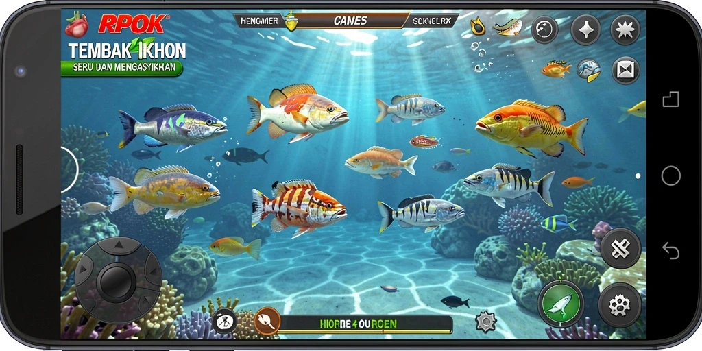 Screenshot gameplay RPOK yang menampilkan aksi menembak ikan.