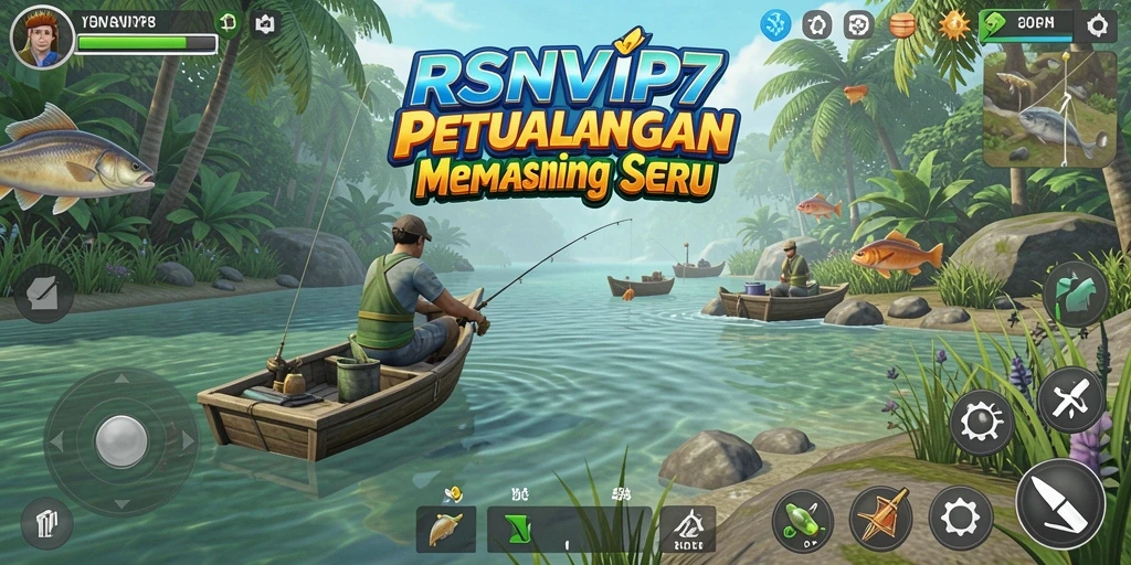 Tampilan gameplay RSNVIP7 dengan keindahan alam dan aksi memancing yang seru.